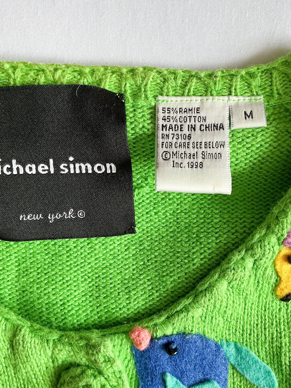 Vtg Michael Simon Animal Cardigan Sweater Bright Green Jungle Safari Knit Sz Med - Picture 2 of 15